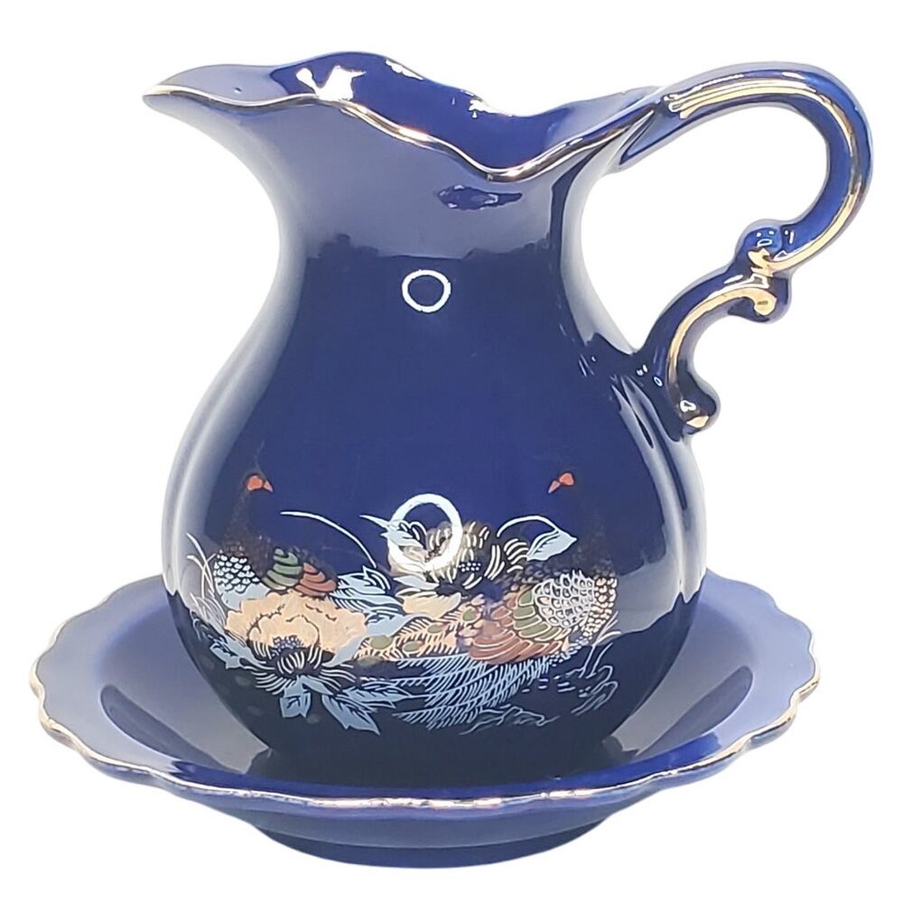 Vtg Cobalt Blue Pheasants & Gold Peony Pitcher & Basin Decorative Birds